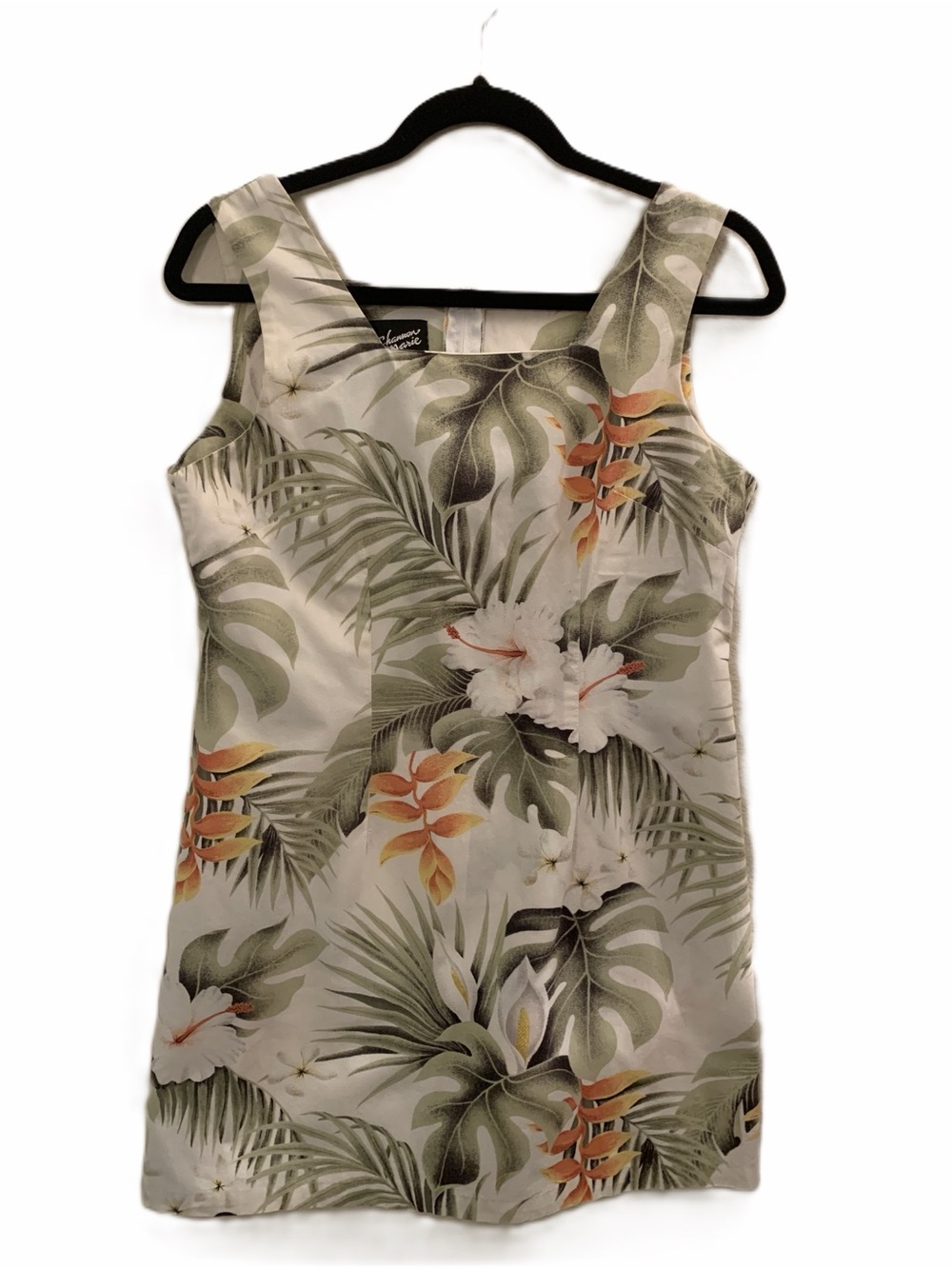 Tropical Square-Neck Mini Dress in Sage Green and Cream